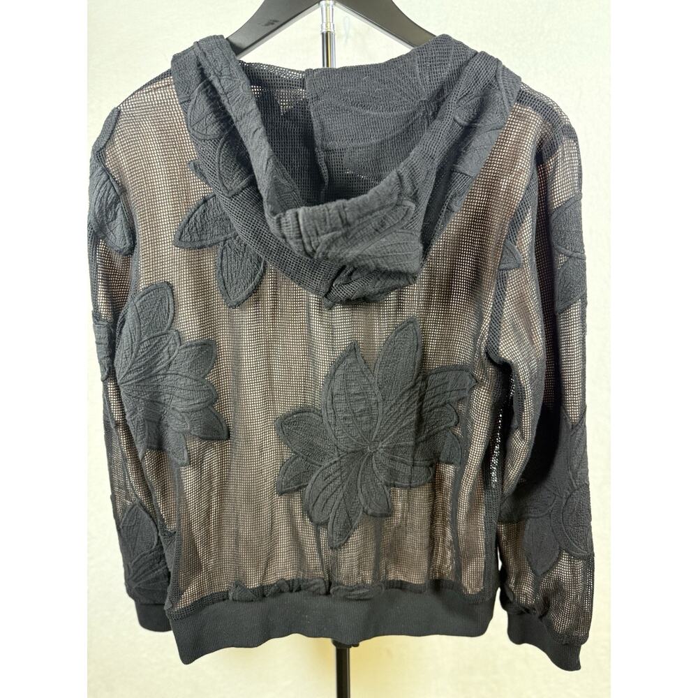 Anthropologie AVEC LES FILLES Mesh Hoodie Sz M Black Blush Floral Embroidery Zip - Picture 2 of 9